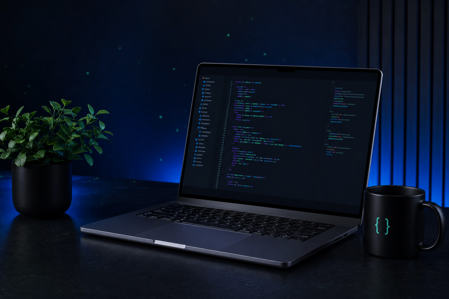 Laptop workspace with a code editor, plant, and coffee mug